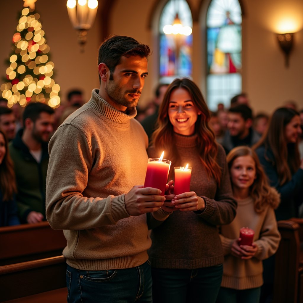 man in warm, earth-toned sweater and dark jeans, holding red candle with warm and intimate smile, surrounded by loving family, soft, golden candlelight, serene Christmas Eve church service with wooden pews and stained glass windows in background.