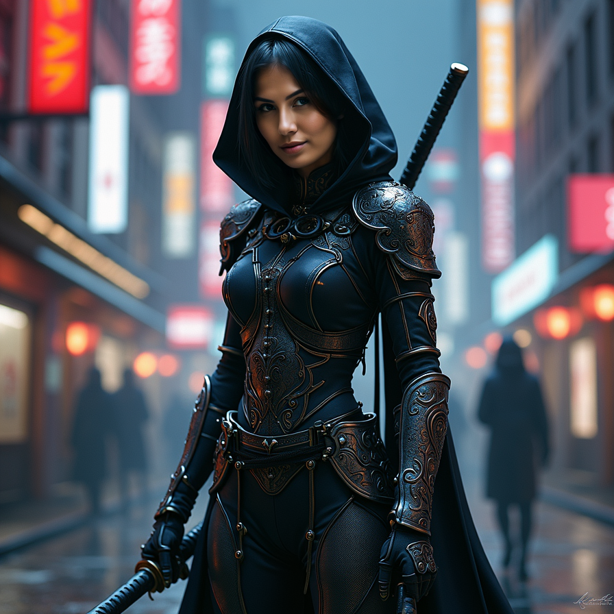 woman in unique ninja style, wearing a futuristic black and silver armor, adorne