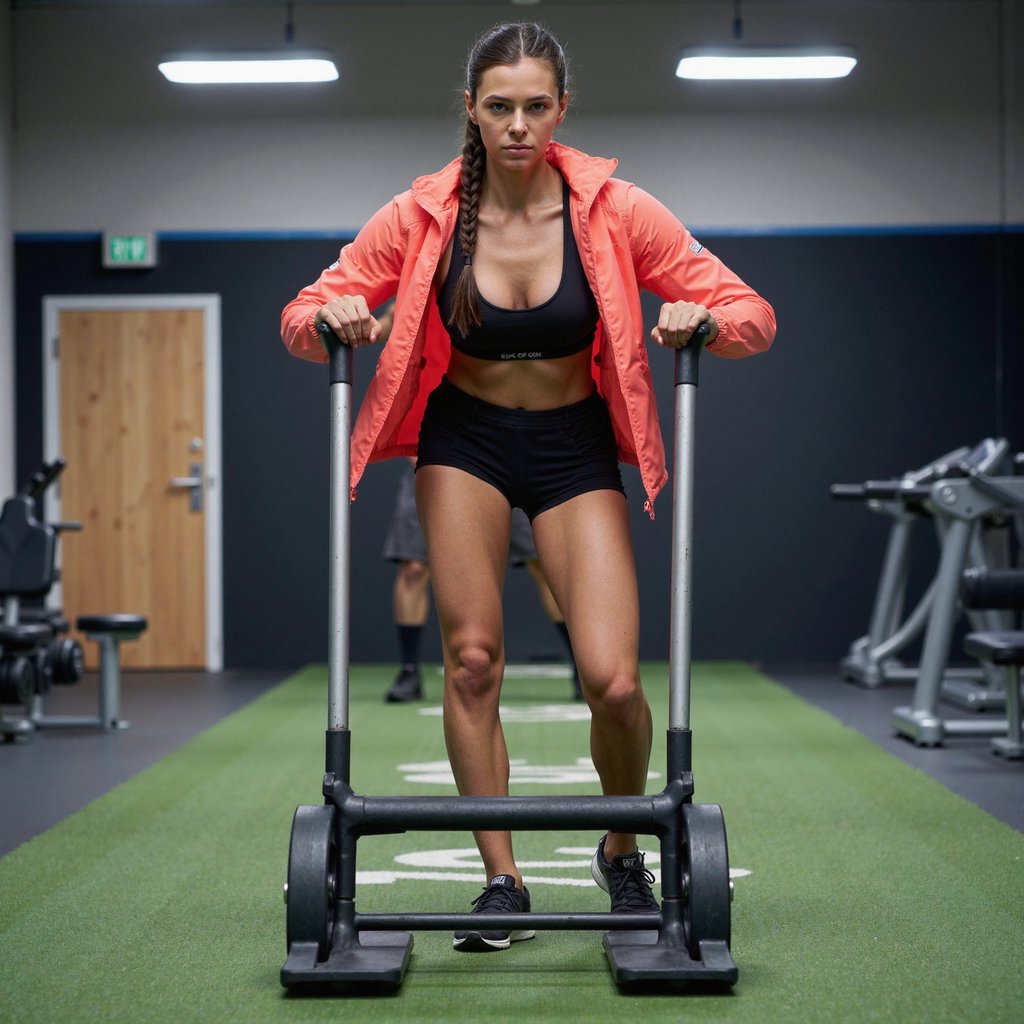 Woman driving a weighted sled down a narrow indoor turf lane; braided ponytail, determined neutral expression; wearing a lightweight coral windbreaker (matte ripstop), black compression shorts, knit mesh trainers; neutral closed grips on the sled’s high poles (no finger interlacing), elbows slightly bent, torso inclined; low three-quarter front angle from turf height, 35mm full-frame, f/2.8, 1/1000, ISO 1250 to freeze motion; overhead high-CRI LED panels as key with a cool rim from an open bay door; background: numbered hash marks on green turf and a plain matte wall softly blurred—minimal clutter, no visible text; crisp micro-details: powder-coated pole texture, plate scuffs, fabric weave, subtle sweat on temples; highly detailed, highly realistic, HDR, no watermark.