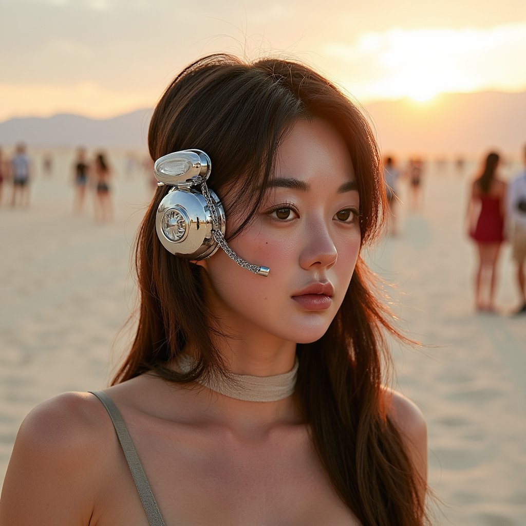 Editorial-style portrait of a futuristic desert wanderer, chrome mask pushed to the side, neutral expression, endless playa in the backdrop, high fashion Burning Man
