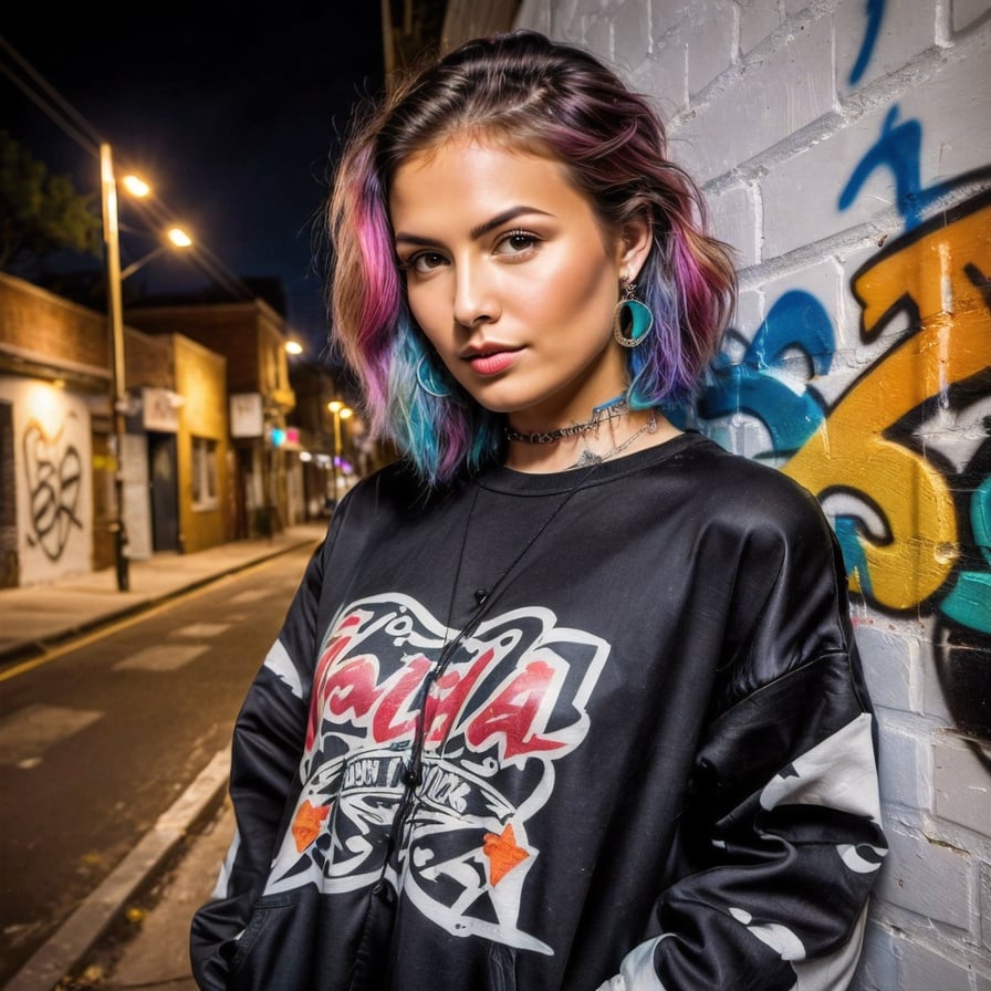 Punk style woman, graffiti alley, intricate details, noir vibe.