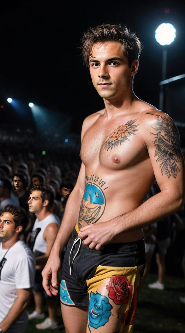 Bold, artistic man, body art, expressive festival spirit.