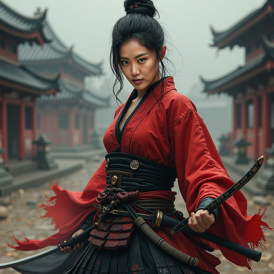 woman in traditional samurai attire, consisting of a hakama and kimono, with a bold, determined expression, sans helmet, posed in a powerful stance, surrounded by a misty, atmospheric background with subtle hints of Japanese architecture.