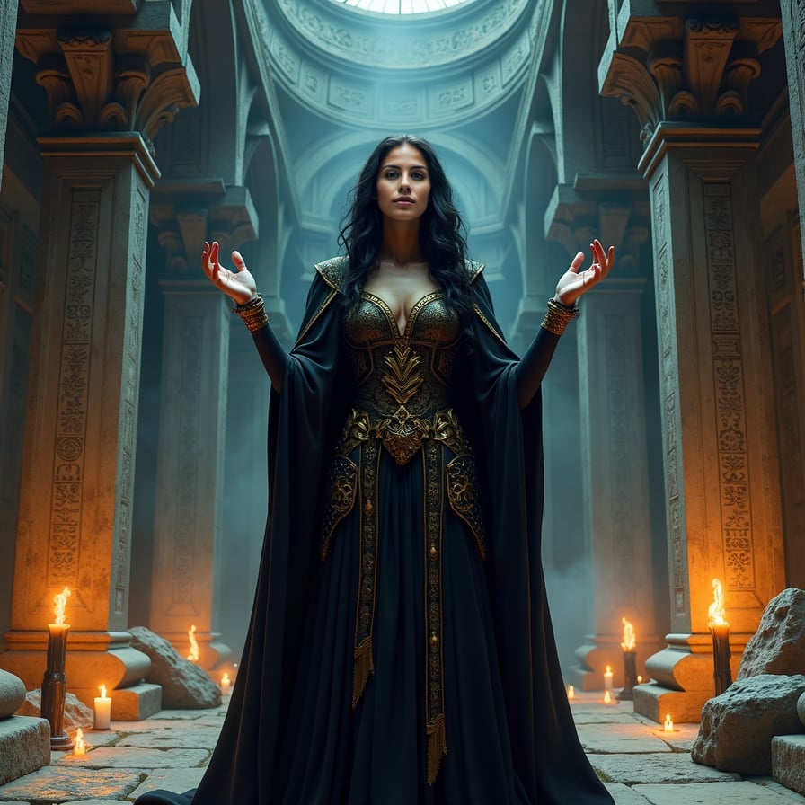 Illustrate a regal vampire priestess standing in an ancient temple filled with towering stone columns and intricate carvings. She has dark skin, striking gold eyes, and wears a ceremonial robe adorned with golden symbols. Her hands are raised in a mysterious ritual as dark magic swirls around her, and candles and torches cast a warm yet haunting glow. The temple is ancient and worn, with symbols from forgotten languages covering the walls