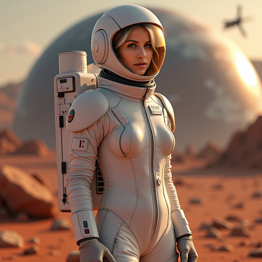 woman wearing a sleek white spacesuit, Mars landscape background with red planet terrain and dust storms, constructing a futuristic habitat module, with tools and components scattered around her, confident pose with a sense of determination and pioneering spirit.