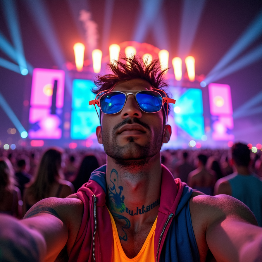 A young man facing the camera at a vibrant music festival, smiling with exciteme