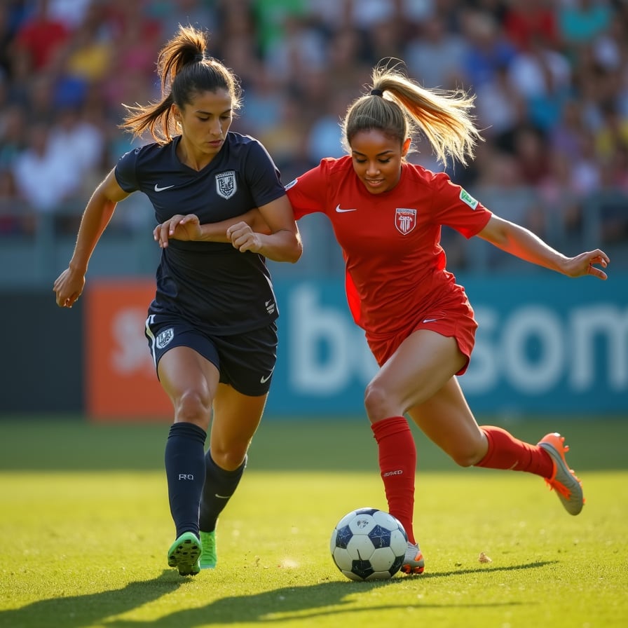 woman in dynamic action, tackling and dribbling a football away from an opponent, wearing a sleek athletic jersey and shorts, under the bright lights of a stadium, with a blurred background of cheering fans and lush green grass.
