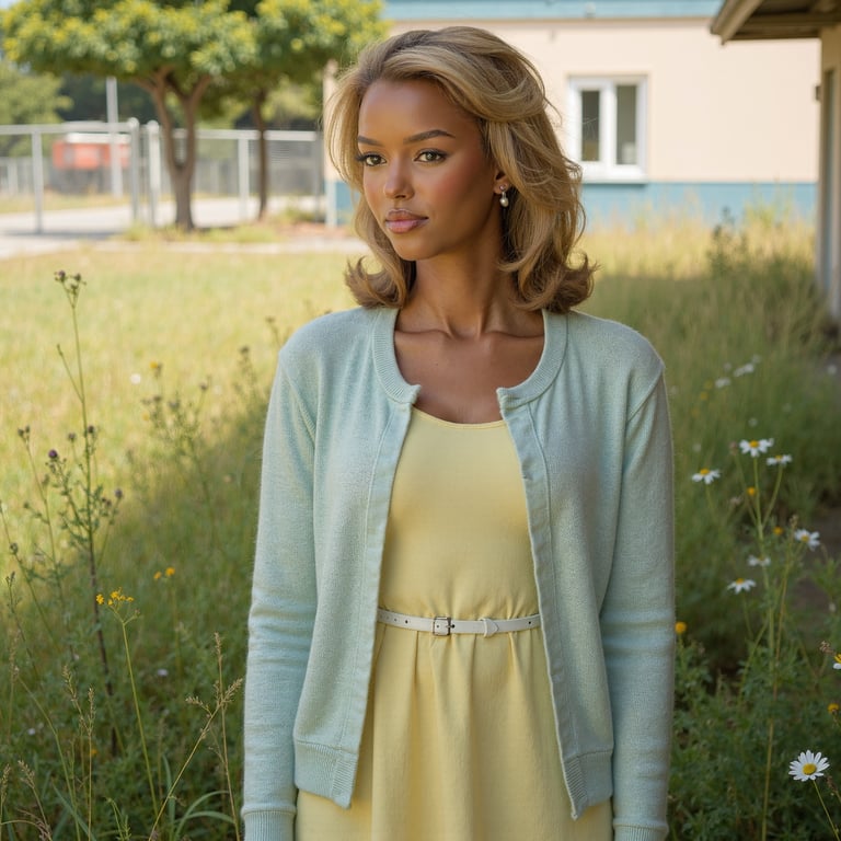 Ultra-realistic 1960s senior girl portrait taken outdoors in a meadow near the s