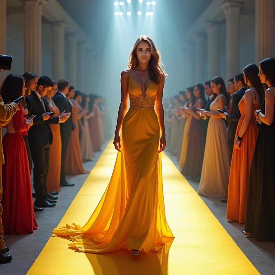 woman in a stunning, floor-sweeping yellow evening gown, confidently strutting down a glamorous catwalk, surrounded by flashing cameras and a crowded audience, under the bright lights of a high-end fashion event.