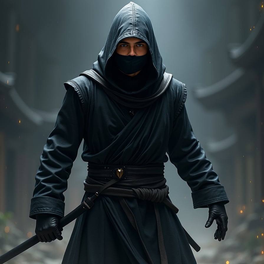 Ninja warrior, stealthy, hooded, shadows, photorealistic, detailed.