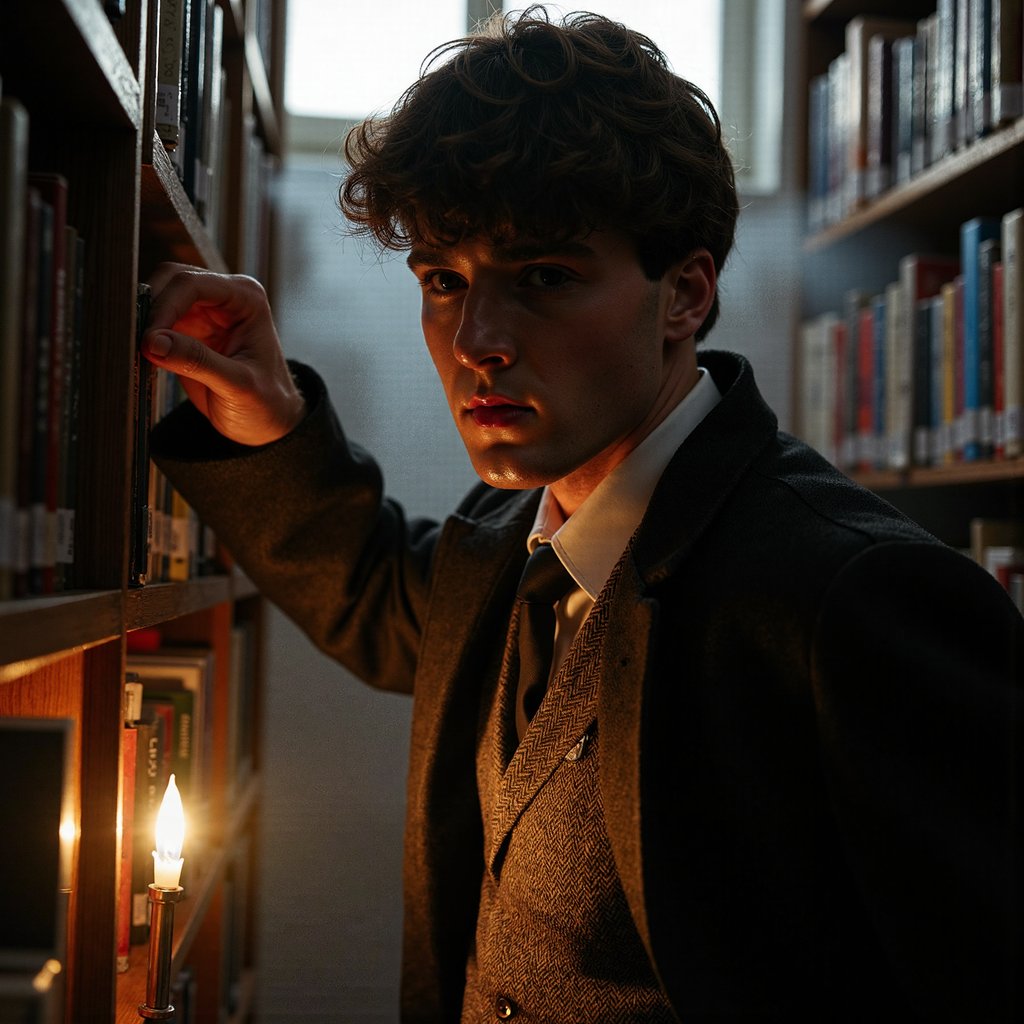 Wide shot from a slightly low angle, 24 mm lens, f/4, ISO 400, 1/60 s. The primary light source is a tall oil lamp on the desk to his left (camera-right in frame), positioned just above waist height. This produces a warm, directional glow across the left side of his torso, face, and the closest bookshelf edge. Shadows fall naturally to his right, stretching across the floor and slightly backward toward the far shelves, consistent with the lamp’s position. The secondary light source is moonlight streaming through a clerestory window directly above and behind him, entering at a steep angle and catching the top edges of bookshelves and his hairline, producing a cool, faint rim. The two light temperatures — warm from the lamp and cool from the moon — mix realistically on the tweed waistcoat (herringbone pattern visible where the lamp’s light is strongest) and brass collar bar (small specular highlight at lamp angle). Hair is neatly side-parted, with flyaways illuminated by the moonlight rim. His right hand trails along the spines of books, casting a soft shadow on the shelf immediately behind. Depth of field keeps him and the nearest bookshelves sharp, while the far wall fades slightly due to atmospheric haze, giving a sense of depth without inconsistent shadow geometry. Highly detailed, highly realistic, HDR.