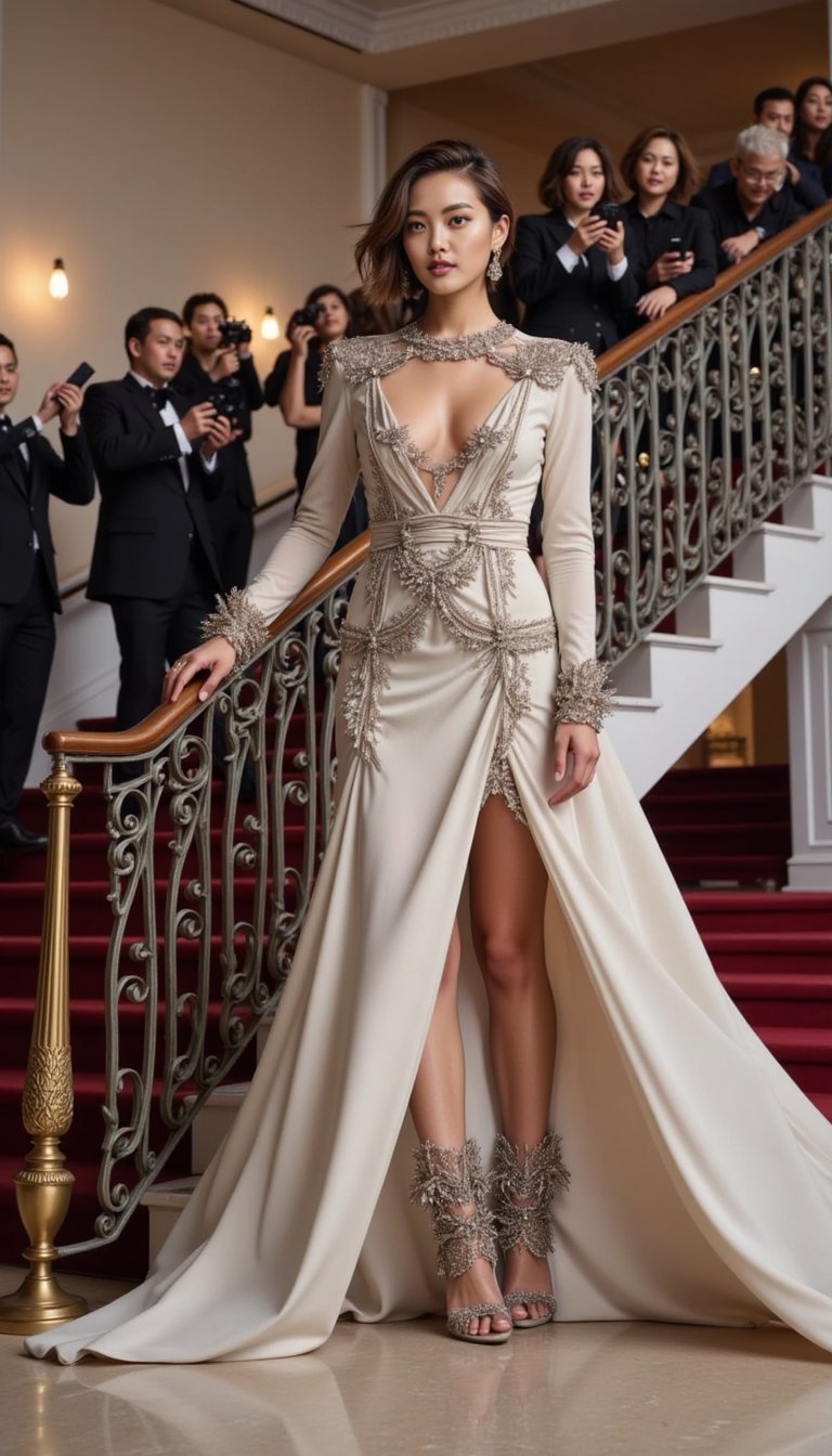 A high-fashion subject poses in an avant-garde ensemble with exaggerated shapes, metallic textures, and artistic details. The lighting is soft and diffused, giving the image a magazine cover finish.
