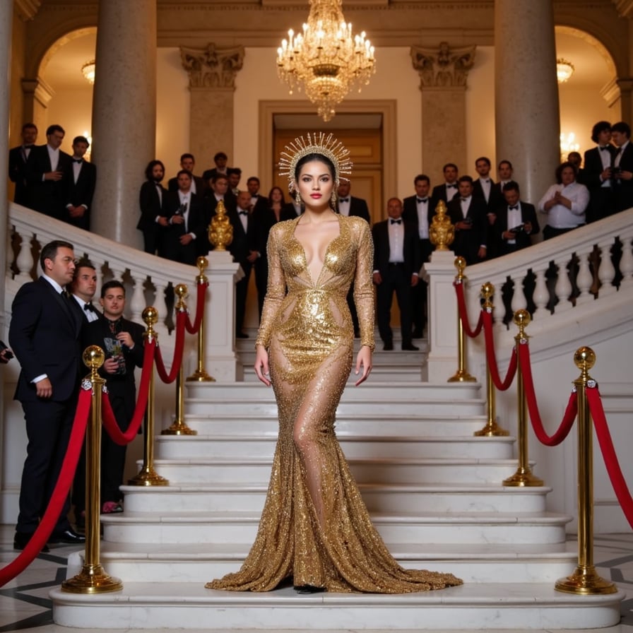A female subject styled in a 2018 Met Gala ‘Heavenly Bodies’ theme, wearing a gold embellished gown with a halo-style headpiece, ornate cathedral-inspired details, cinematic lighting