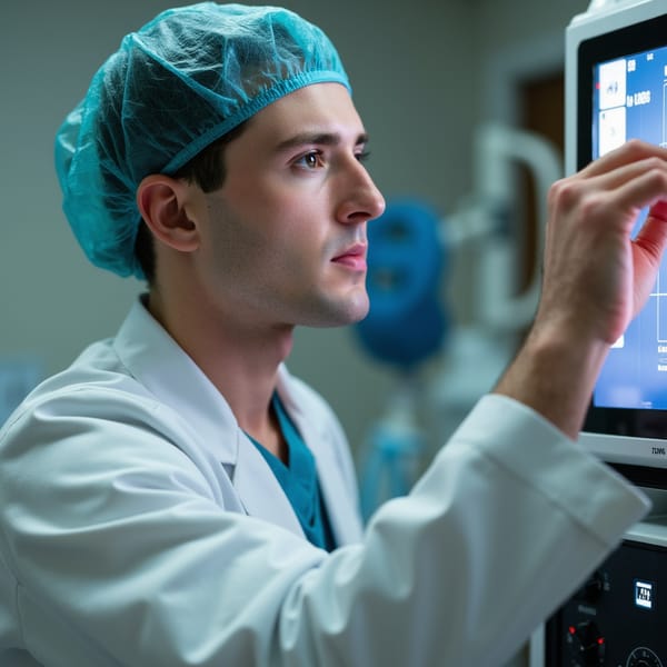 Highly detailed, highly realistic, HDR, 8k anesthesiologist checking ventilator; camera: 50mm, f/2.8, profile; lighting: cool OR lights with LED kicker; pose: adjusting dial; attire: teal scrubs, disposable cap; hair: hidden; facial detail: mask indentations along cheekbones, focused brow, faint veins at temple, skin slightly desaturated under OR lights, tiny glint in iris from monitor glow; background: blurred anesthesia cart.