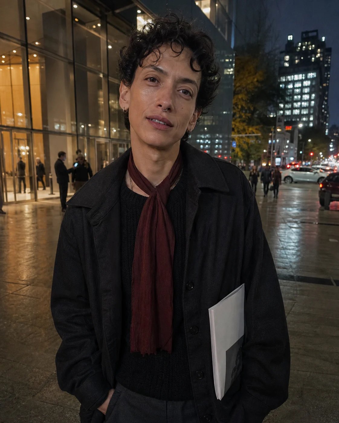 An attendee with a burgundy scarf outside a glowing New York theater after a screening