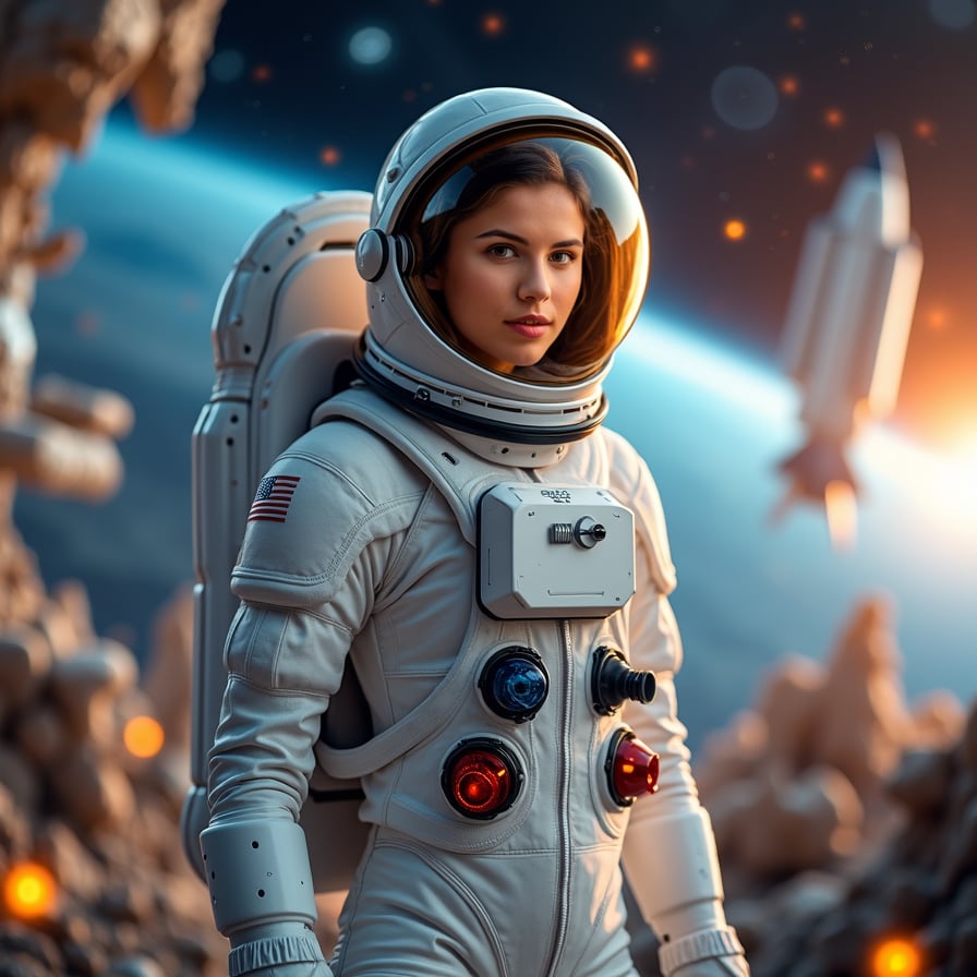 woman in a sleek white spacesuit, surrounded by futuristic tools and machinery, constructing a space base on a distant planet, under the soft glow of LED lights and starry night sky
