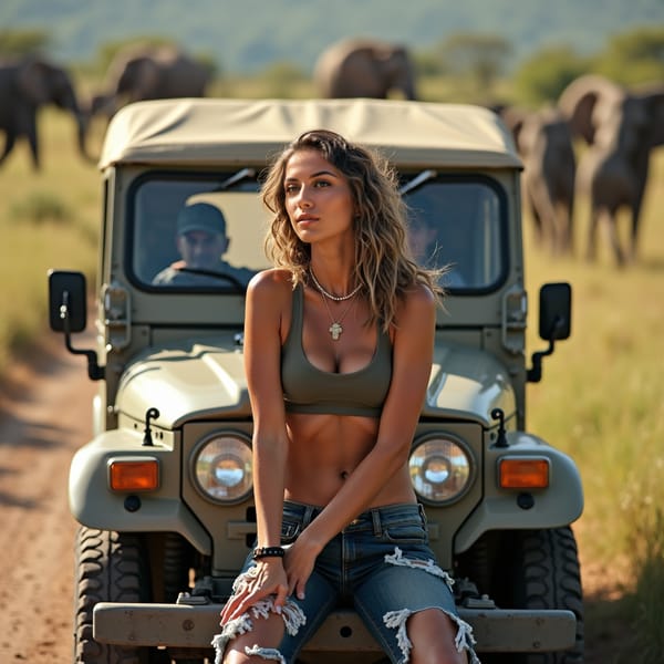 Sexy woman riding in the back of a jeep, elephants, giraffes or tigers in the far background