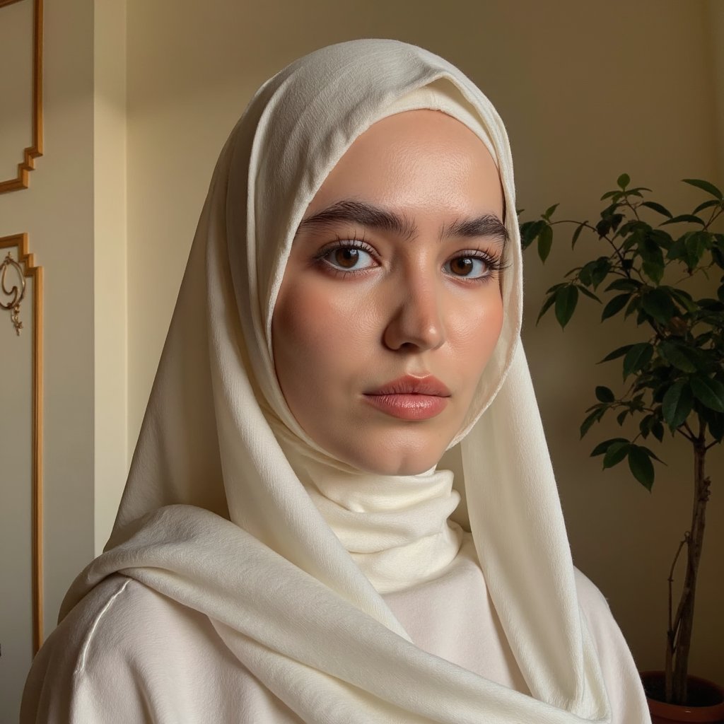 woman in a modest, graceful look, with her hair respectfully covered in a soft draped fabric. She is photographed in a warm, serene setting with soft lighting and gentle shadows that enhance her peaceful expression. The background features minimal Islamic design accents, softly blurred. Her appearance radiates quiet reverence and dignity. Hyper-detailed, soft tones, respectful styling, spiritual calm.