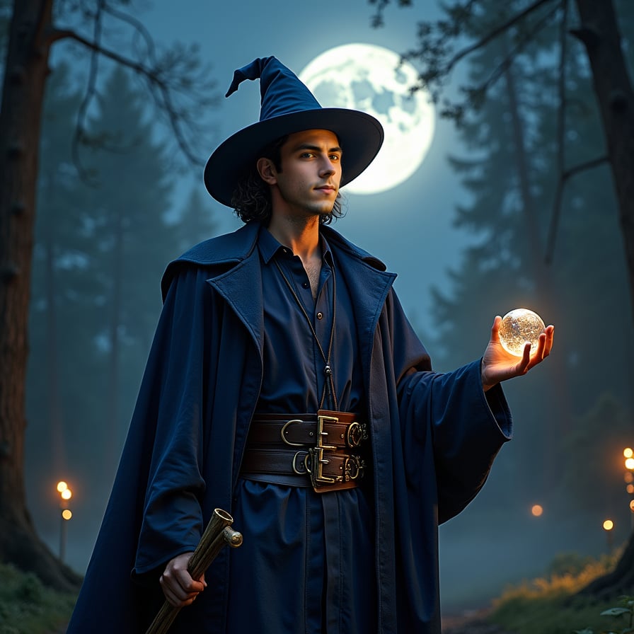 man in stylish navy blue outfit, moon shining brightly in the dark night sky behind him, posing confidently with a sense of adventure and mystery