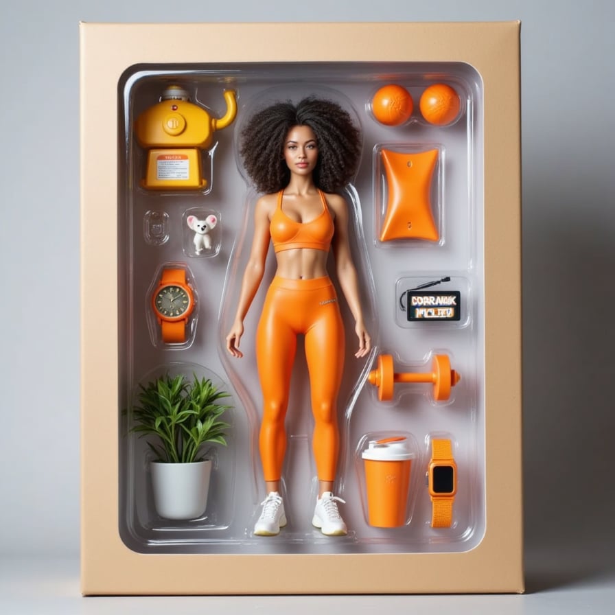 Decked in bold-colored gym wear, this figure strikes a power pose next to a set of dumbbells, protein shaker, smartwatch, and motivational quotes.