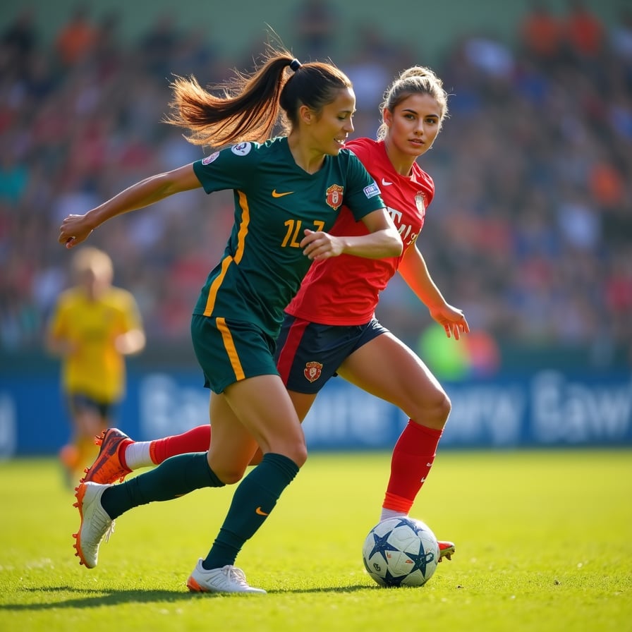 woman in athletic wear, full-body tackle in motion, athletic field or stadium in the background
