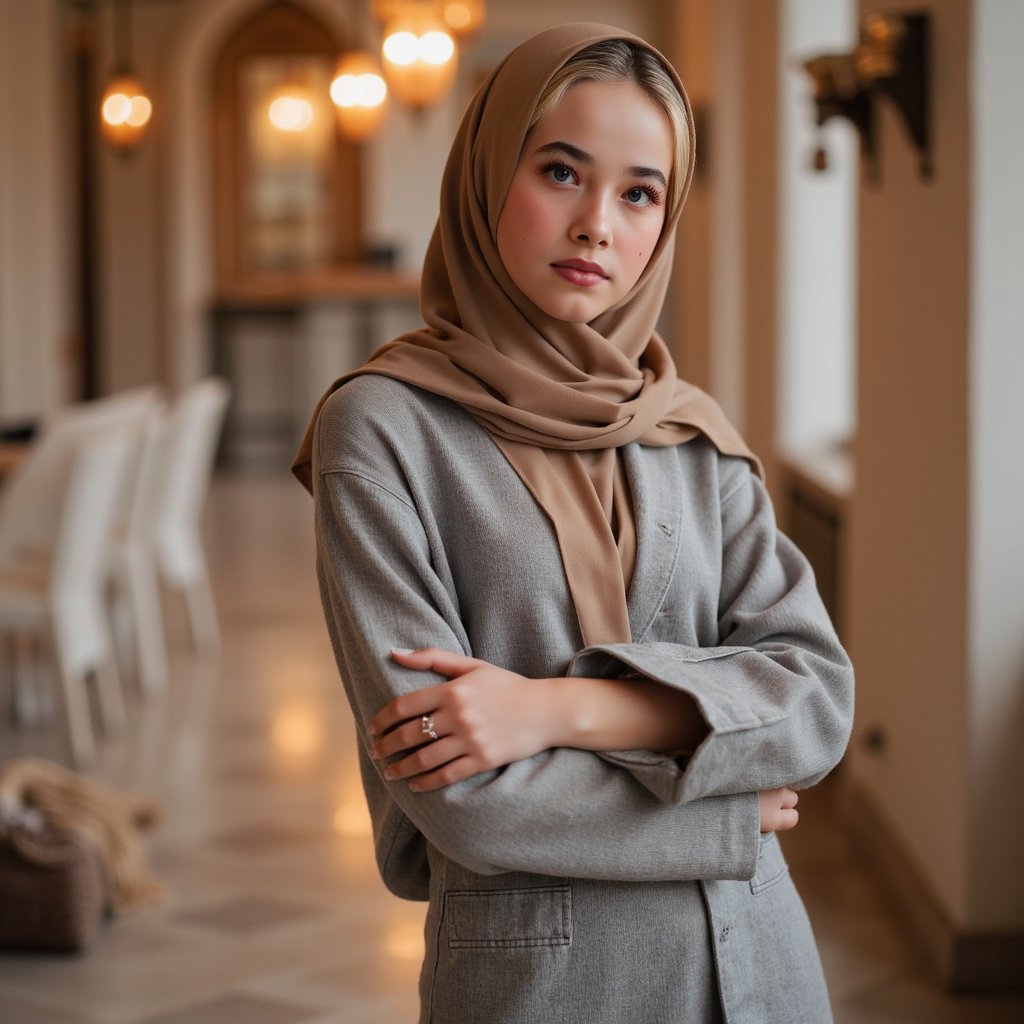 Editorial-style portrait of a woman facing camera in formal modest attire, backdrop with soft bokeh lights, conveying warmth and grace for Mawlid celebration