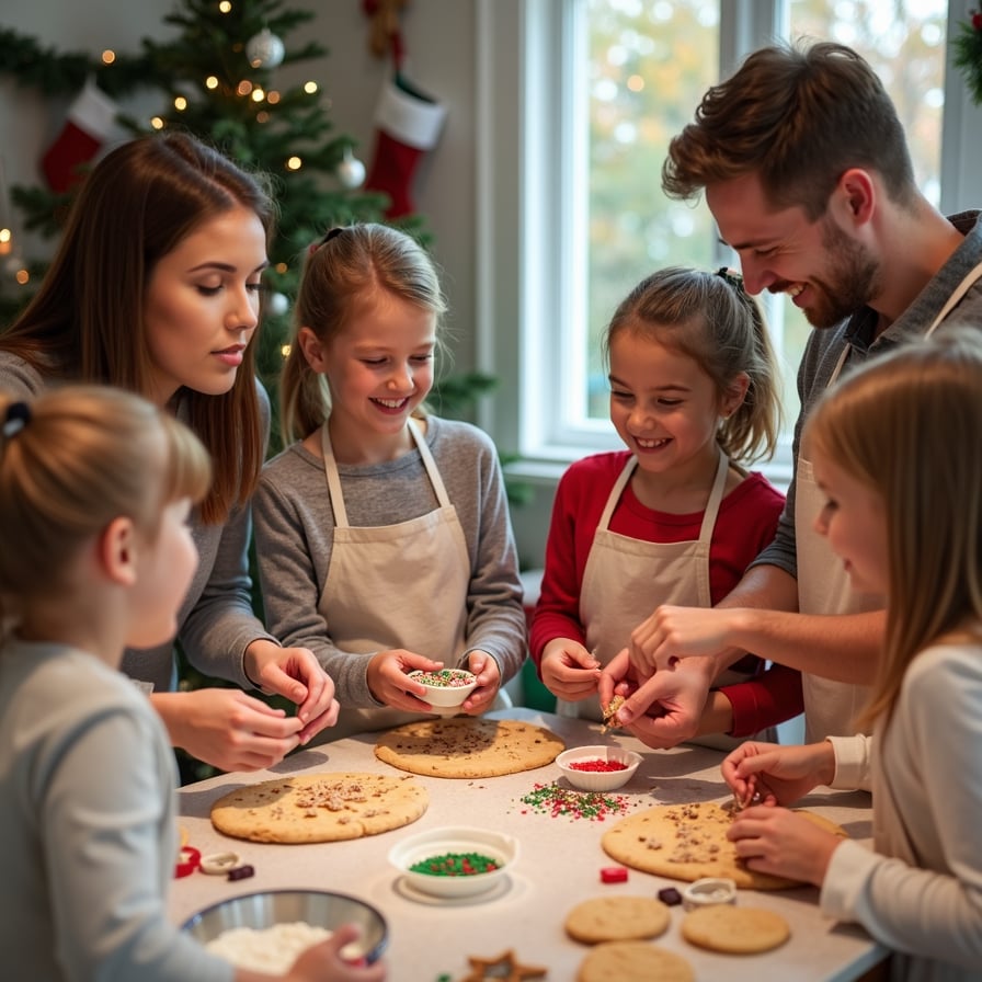 A bustling kitchen scene with parents and kids baking cookies together, laughter filling the room. The table is covered with cookie cutters, sprinkles, and bowls of icing. In the background, a Christmas tree and stockings by the fireplace add holiday charm.
