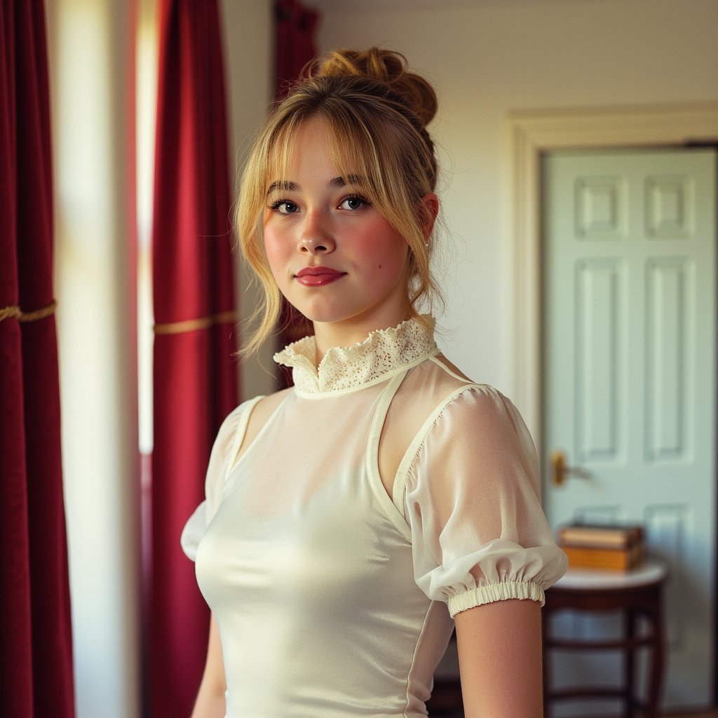 "1960s yearbook portrait of a female drama student in costume, framed chest-up with a 70mm lens. She wears a high-necked Victorian-inspired blouse in cream satin with lace trim at the collar and cuffs, the fabric showing fine sheen and fold shadows under warm stage lighting. Her hair is styled in a Gibson roll updo, soft tendrils framing her face. Makeup is subtly theatrical — rosy blush on the cheeks, a thin eyeliner wing, and deep red lipstick. She gazes intently just past the camera, expression poised yet dramatic. Skin is rendered with visible fine lines at the eyes, and natural pores along the cheeks. Behind her, blurred red velvet stage curtains provide rich texture, with a faint gold rope tie visible at one edge.