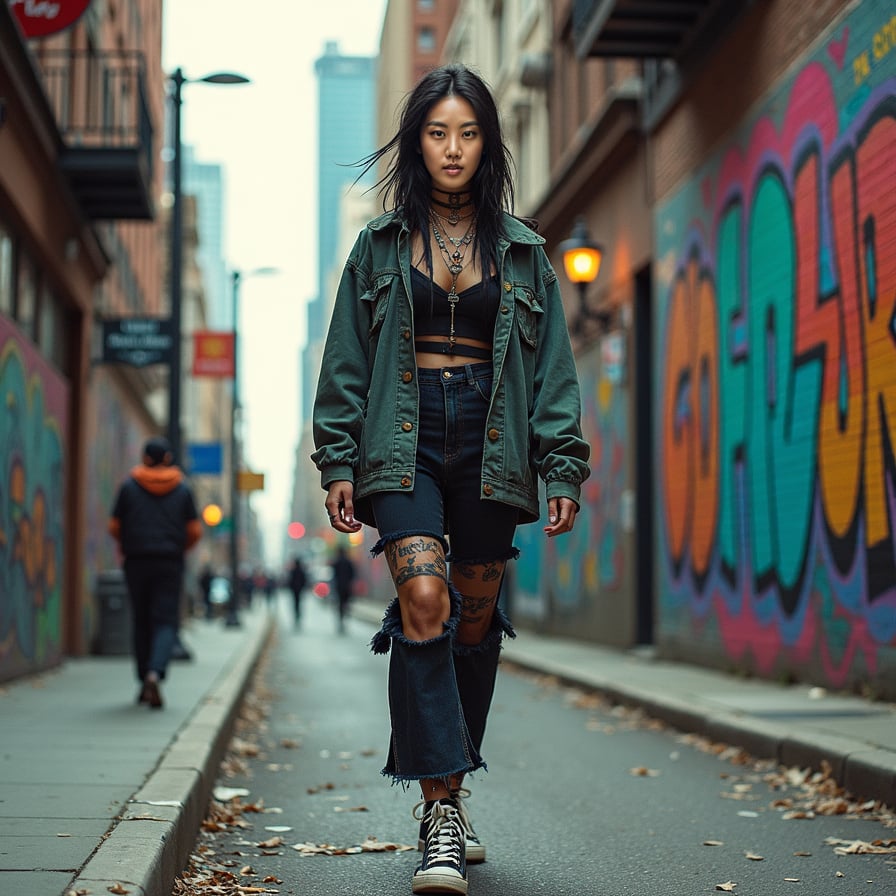 woman walking down a lively city street, wearing a trendy outfit and sneakers, amidst a bustling urban backdrop with tall skyscrapers and vibrant street art, soft focus on her confident stride and effortless style.