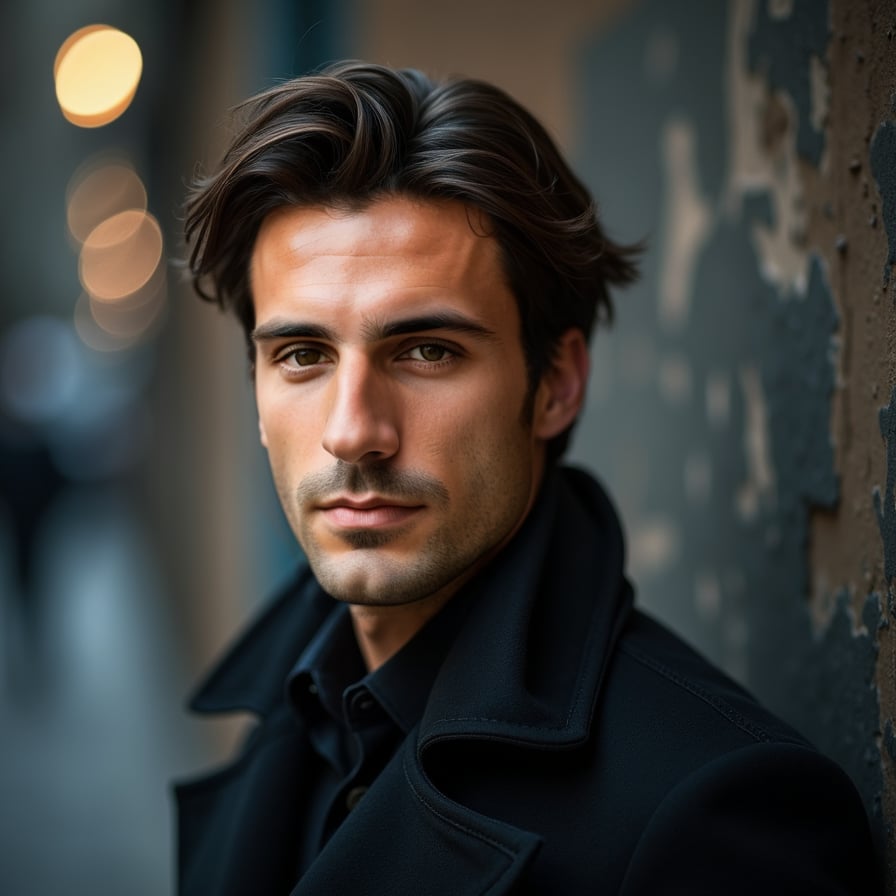 man with a confident, subtle smile. He is styled in dark, sleek clothing, with dramatic lighting highlighting his features. The background is moody, like a dimly lit urban street or an abstract textured wall, evoking intrigue and allure
