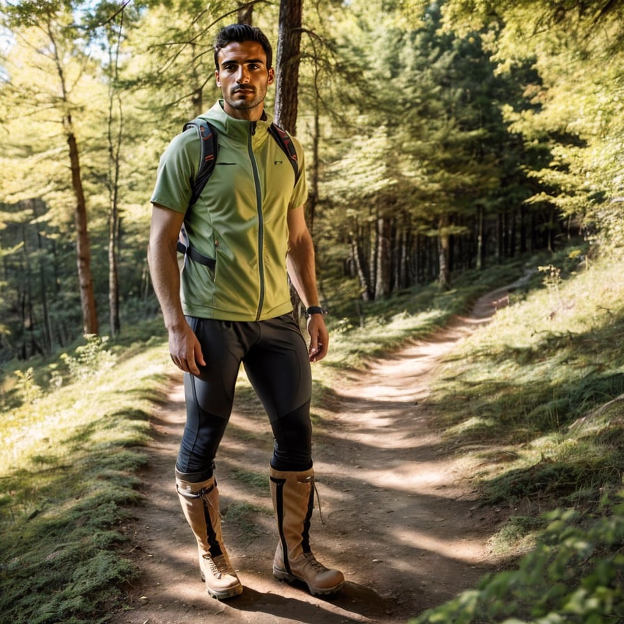 Adventurous man on mountain peak, breathtaking scenery, exploration spirit.