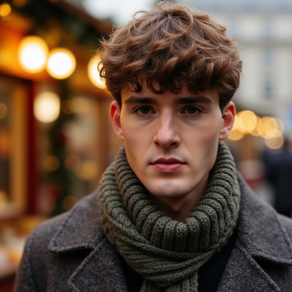 Head-and-shoulders portrait of a man at a Christmas market, framed slightly off-center. He wears a charcoal wool peacoat and a textured olive knit scarf wrapped neatly.
Hair: styled with matte texture; short beard with crisp definition.
Lighting: warm market stall lights from behind creating golden rim light, with soft diffused key from the front.
Background: blurred warm bokeh from market booths and string lights—no clutter, clean, inviting glow.
Camera: 50mm f/1.6; highly realistic, highly detailed, HDR, revealing wool fibers, scarf stitching, and rich market light.