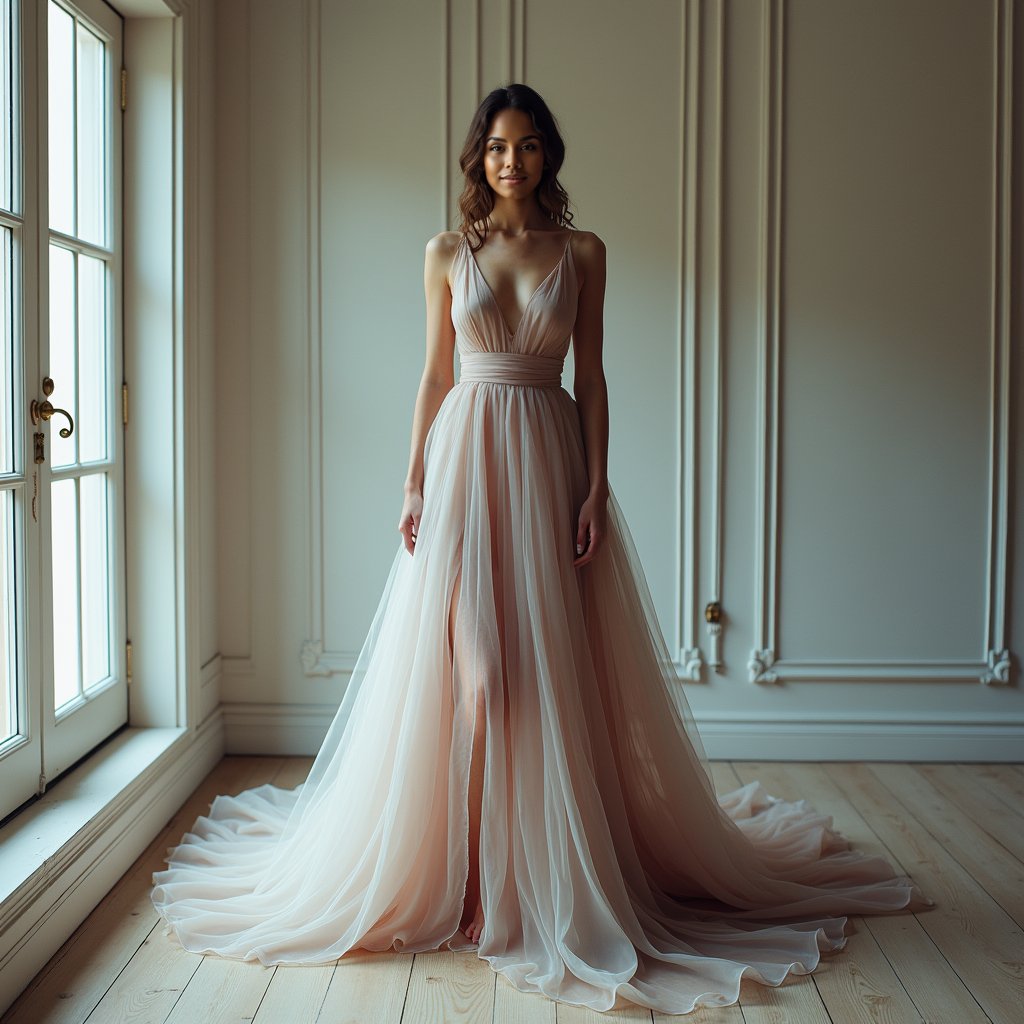 Stunning woman, multi-colored gown, plain wall, professional shot.