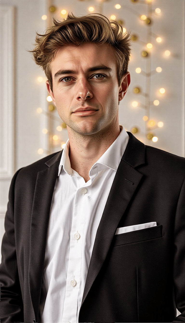 A realistic waist-up portrait of a man in a stylish New Year blazer, neutral fes