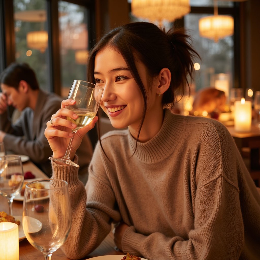 Hyperrealistic, highly detailed HDR waist-up image of a woman (female, ~29 yrs) at a Thanksgiving dinner table, mid-gesture raising a glass slightly. She wears a soft taupe cashmere sweater with subtle ribbing at cuffs. Her hair is tied back in a relaxed bun, with a few loose curls framing her face. Warm golden light from candles and chandeliers wraps softly around her figure. Focus sharp on her hand and face, background blurs into rich tones of amber and brown — glassware bokeh and faint turkey centerpiece visible but not sharp. Natural expression of joy and gratitude. Realistic reflections and fabric texture. HDR, high resolution, high quality, highly detailed, photorealistic.