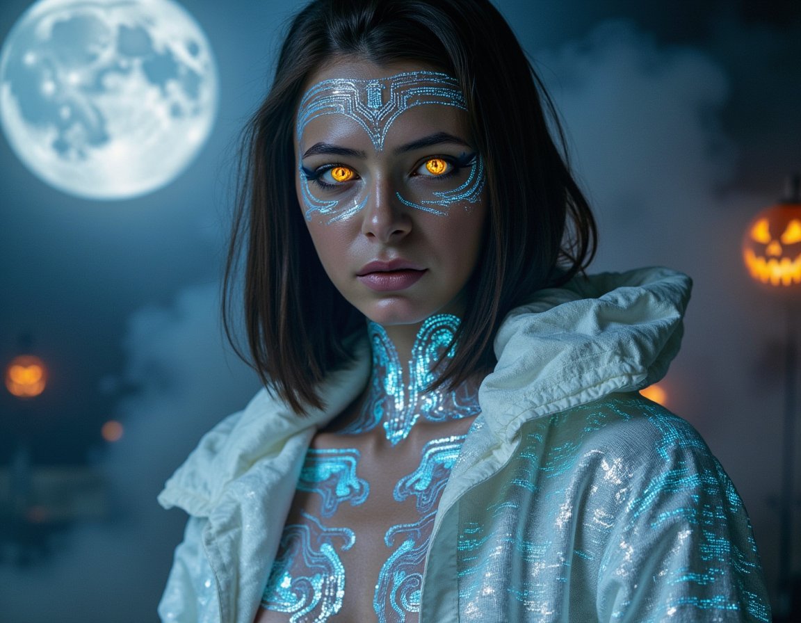 ultra-realistic cinematic portrait of a woman dressed as a futuristic oracle — glowing circuit patterns over translucent silver skin, wearing a shimmering holographic cloak under stormy moonlight, glowing amber eyes, fog swirling around, eerie yet ethereal mood, HDR detail, volumetric light beams, high fashion cyber-occult style, minimal background clutter