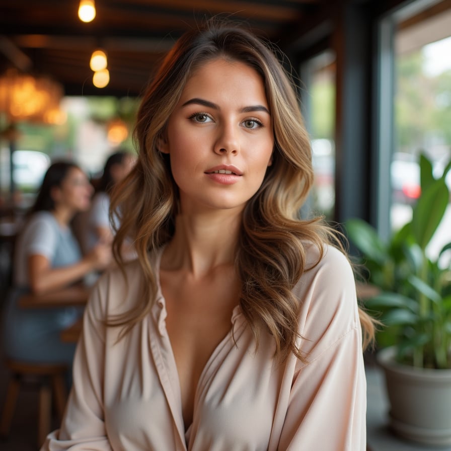 woman radiating confidence and charm. She is dressed in a stylish blouse or dress, with natural makeup and soft curls. The background is a softly lit café or a scenic outdoor setting. Her expression is inviting and cheerful, perfect for a dating profile