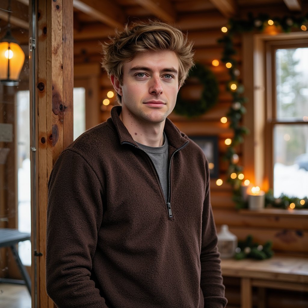 Waist-up portrait of a man inside a wooden cabin decked with subtle Christmas décor. He leans lightly against a wooden beam, hands relaxed at his sides, calm stillness. He wears a dark brown lambswool quarter-zip sweater with visible fiber fuzz, zipper glinting softly.
Hair: messy textured waves; short beard.
Lighting: warm cabin lantern light from camera-left, with a cooler outdoor window glow from behind for contrast.
Background: blurred cabin shelves with pine garland and a couple of minimal ornaments; clean, uncluttered, warm tones.
Camera: 70mm f/2, slight upward angle to add cabin grandeur; highly detailed, highly realistic, HDR showcasing wool texture and wood grain.