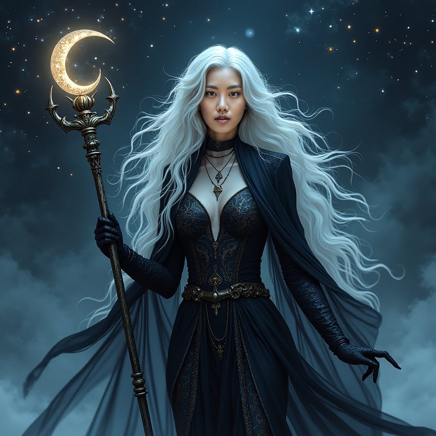 Illustrate a celestial vampire sorceress floating in a night sky filled with stars and swirling nebulas. Her long silver hair blends with the constellations, and her skin glows faintly as if reflecting moonlight. She wears a mystical gown with shimmering, galaxy-like patterns and holds an ancient, glowing staff with a crescent moon symbol. Her expression is serene but intense, and the stars around her pulse with an eerie, supernatural energy.