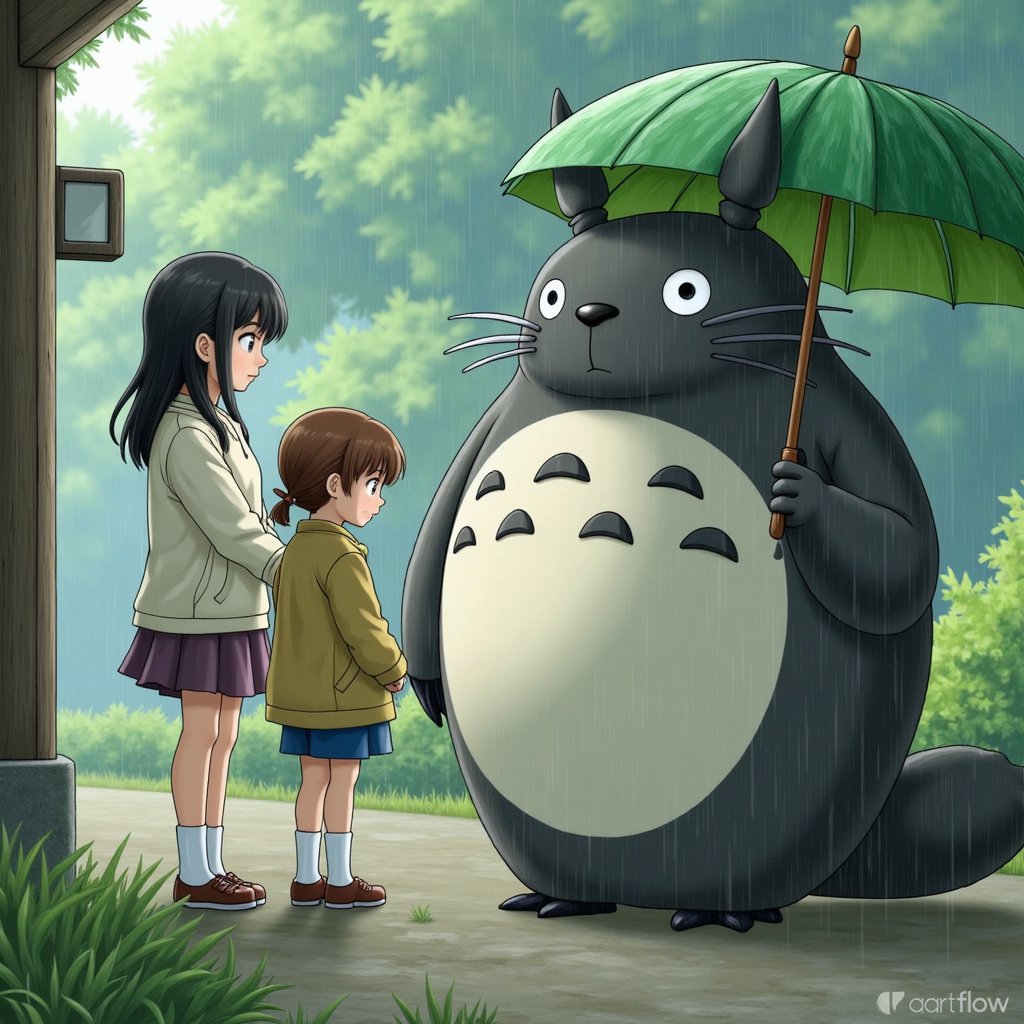 Two girls waiting at a countryside bus stop in the rain, next to a large forest spirit holding a leaf umbrella — scene from My Neighbor Totoro