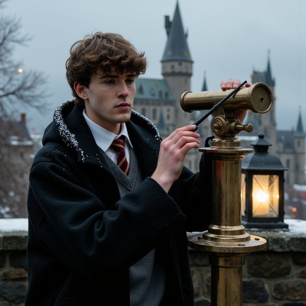 Hyper-realistic HDR wide shot of a 17-year-old male Hogwarts student with pale skin, faint stubble on jaw, and focused deep-brown eyes. Short messy dark-brown hair ruffled by the winter breeze. Wearing a thick black wool robe with large hood edged in frost crystals, fastened at chest with a pewter clasp, heavy folds falling to the ground. Pose: standing next to a tall brass telescope with visible patina, hands adjusting focus knobs, body slightly leaned forward into viewfinder. Camera: Sony A1, 24mm f/2.8 wide lens, aperture f/2.8, camera positioned at shoulder height to capture subject and surrounding architecture. Lighting: cool moonlight (5600K) spilling over subject from the left, soft warm glow (3000K) from a lantern positioned at ground level on the right; faint rim light on hood from behind. Background: open starfield above with faint aurora streaks, stone parapet of Astronomy Tower leading to minimal blur.
