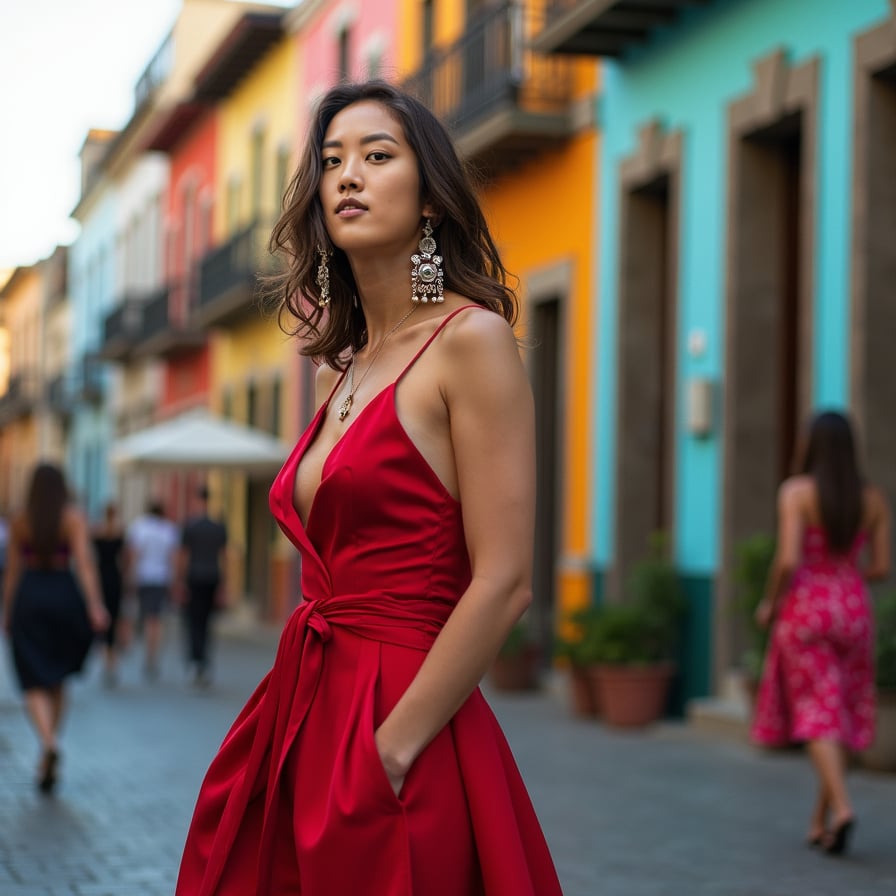 woman amidst bustling city life, wearing trendy outfit and statement accessories, against a backdrop of vibrant urban scenery