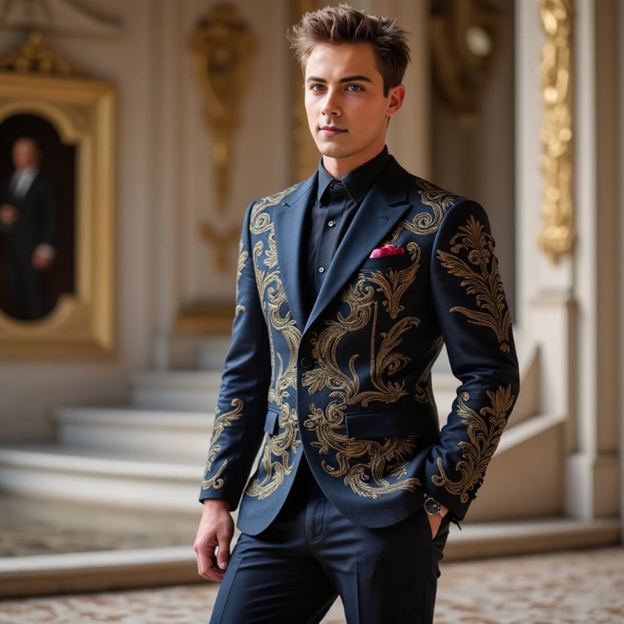 A high-fashion male Met Gala look combining classic tailoring with surrealist art elements — one half suit, one half sculptural armor