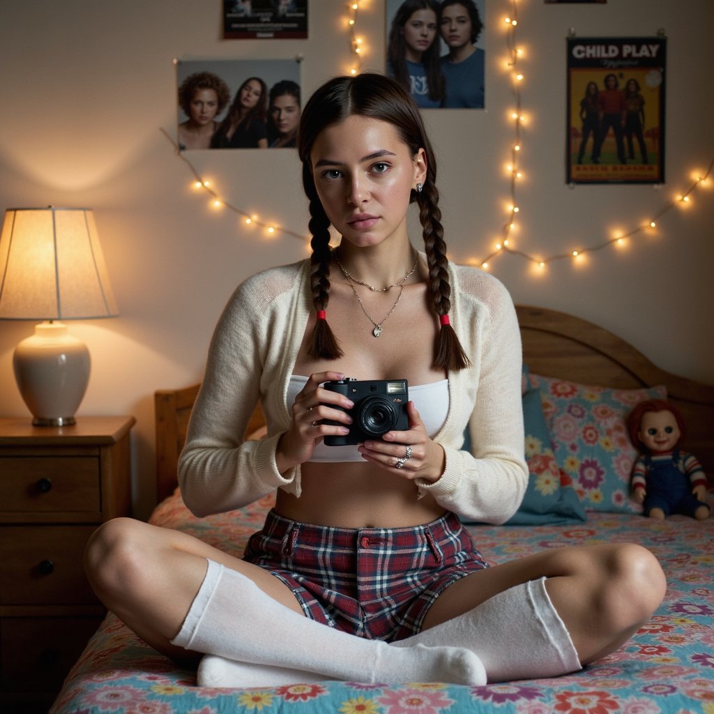 photo of a woman sitting cross-legged on a soft 90s style bed covered in colorful patterned blankets. she wears a plaid skirt with knee-high socks and a cropped cardigan, accessorized with silver rings and a delicate gold necklace. her hair is styled in two neat braids tied with red ribbons, and her makeup is subtle but polished with warm tones and glossy lips. she holds a vintage polaroid camera in her hands mid-click, flash lighting her face. fairy lights hang on the wall behind her with posters of 90s pop bands scattered across the room. on the dresser in the corner sits the chucky doll from child’s play, his grin faintly visible under the dim lamp light, making the nostalgic scene unsettling.