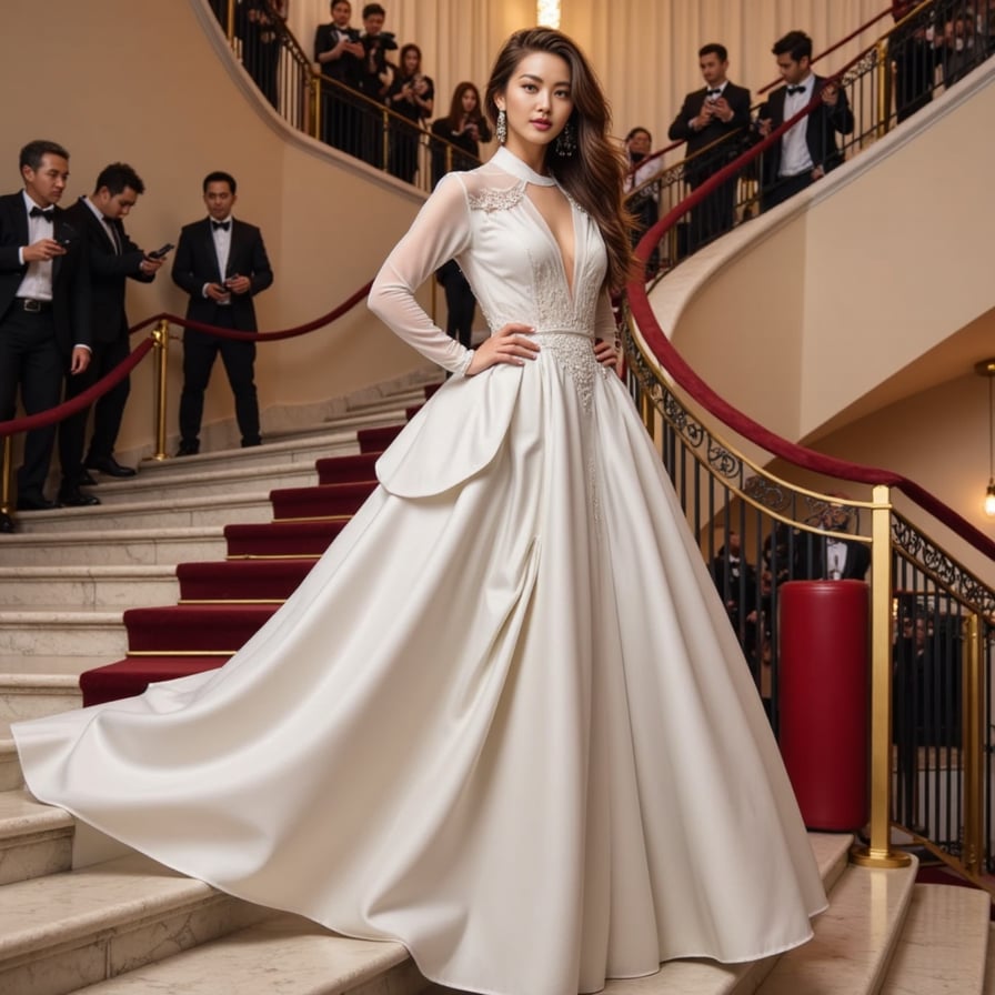 An ultra-minimalist Met Gala dress in solid white latex, with extreme silhouette — no jewelry, no patterns, just raw futuristic power and brutalist shapes.