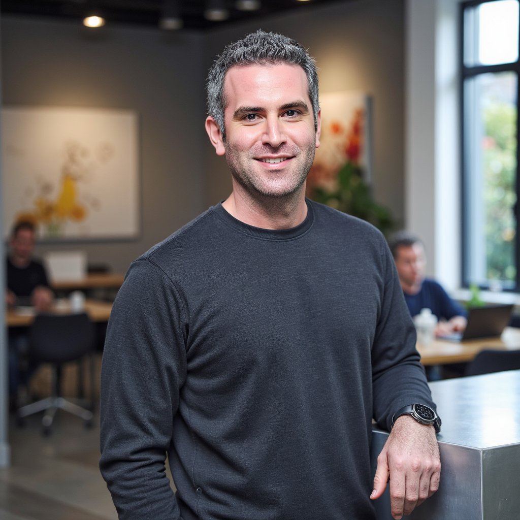 man in a charcoal grey crew-neck t-shirt with subtle texture, casually leaning against a sleek, metallic counter. He has a warm, approachable smile, his gaze directly engaging the viewer. The background features a softly blurred, modern co-working space with distant figures at laptops and abstract art on the walls, illuminated by the gentle glow of natural light filtering through large windows.