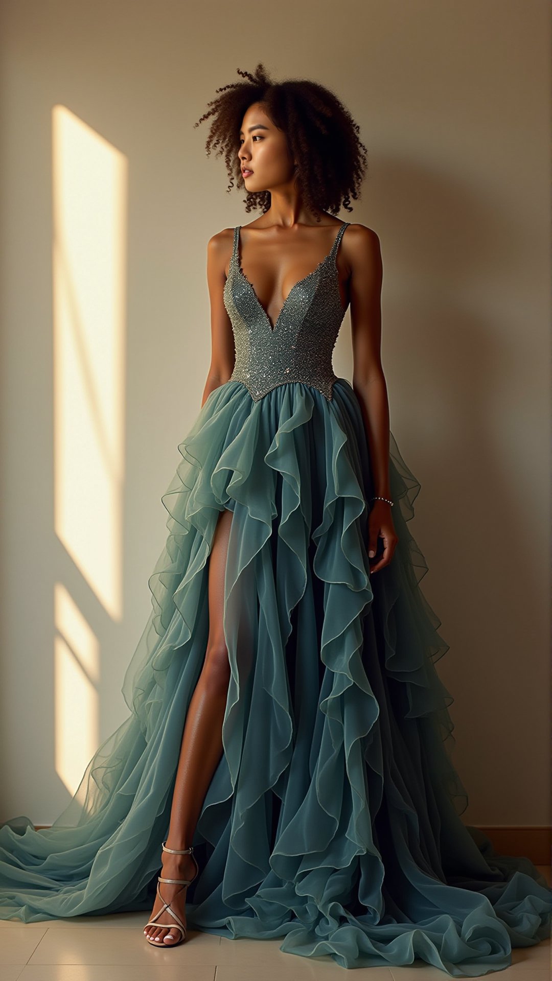 Stunning woman, multi-colored gown, plain wall, professional shot.