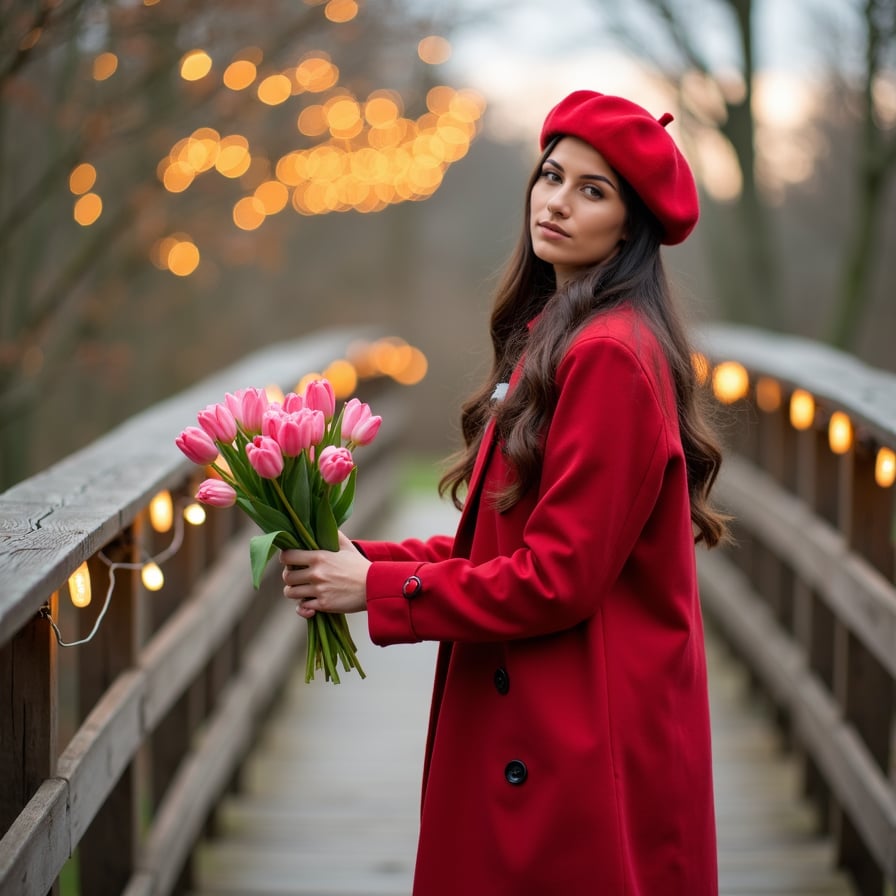 A model posing on a wooden bridge strung with fairy lights, holding a bouquet of tulips while wearing a red trench coat and matching beret.