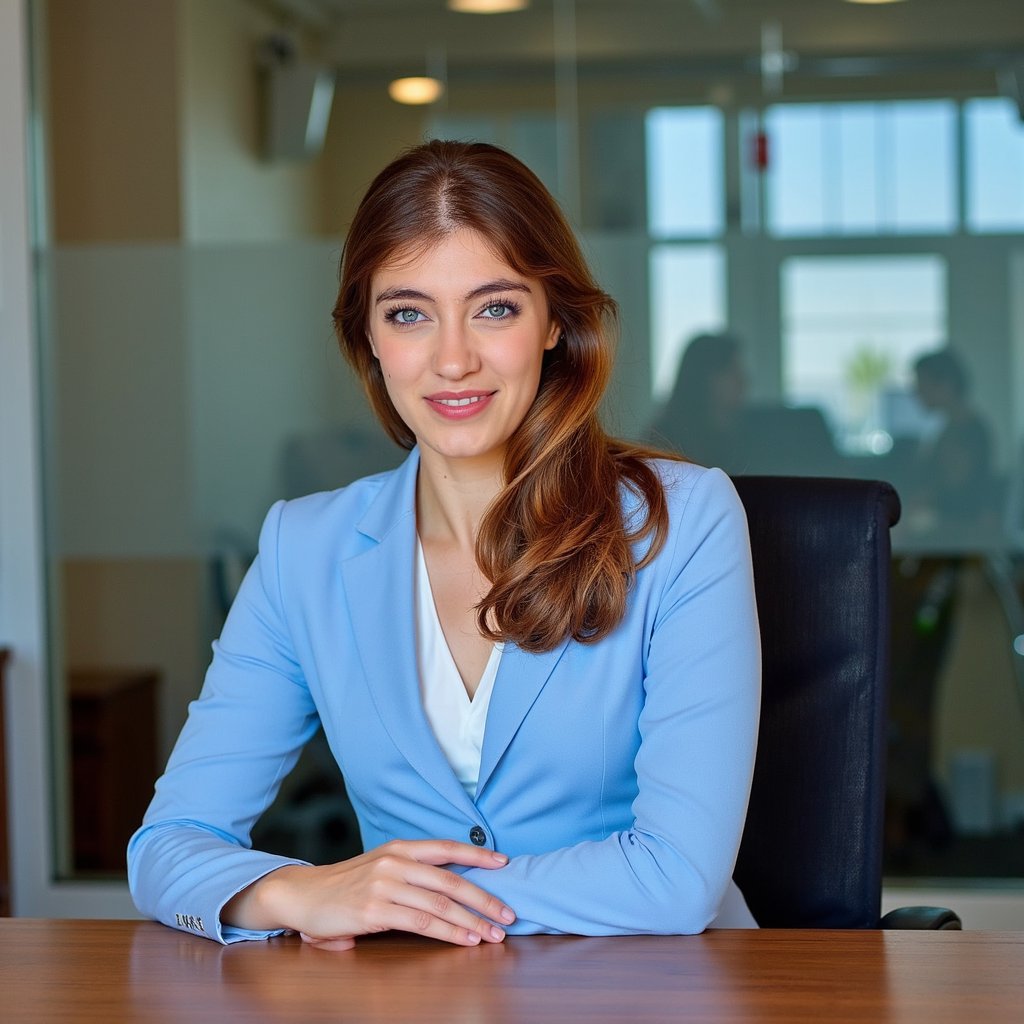 Highly detailed, highly realistic HDR image of a woman business manager in a powder-blue tailored pantsuit with subtle sheen, white shell blouse underneath; hair in soft waves at shoulder length. Camera: 50mm lens, f/3.2, ISO 320, half-body shot from seated eye level, slight downward tilt. Lighting: ceiling lights as fill, window daylight key at side; faint shadow beneath chin. Pose: seated at conference table, one hand gesturing mid-sentence, engaged smile. Background: blurred glass partitions and large table surface with reflection, minimal clutter.