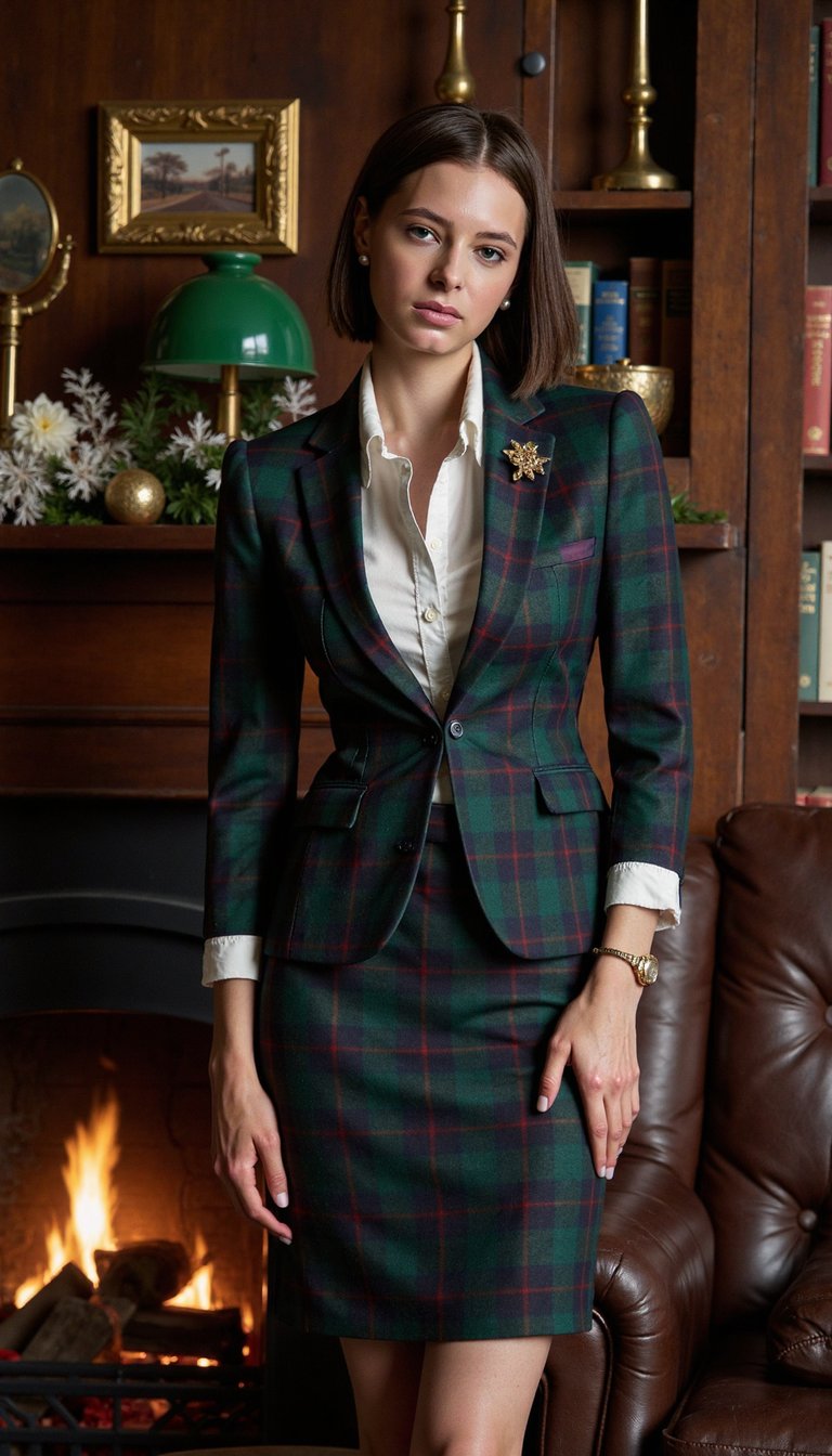 close up of a woman wearing a fitted tartan unbuttoned blazer and skirt in deep green and red over a crisp white shirt, with a slim navy knit tie and a subtle gold brooch on her lapel. Her hair is softly waved and tucked behind one ear. She stands beside a deep brown leather armchair inside a wood-paneled library, with bookshelves, a green banker’s lamp, and a few brass picture frames glowing under soft candlelight in the background. The scene is illuminated by warm cinematic lighting with a shallow depth of field, gentle film grain, high resolution, HDR, highly detailed, and photorealistic.
